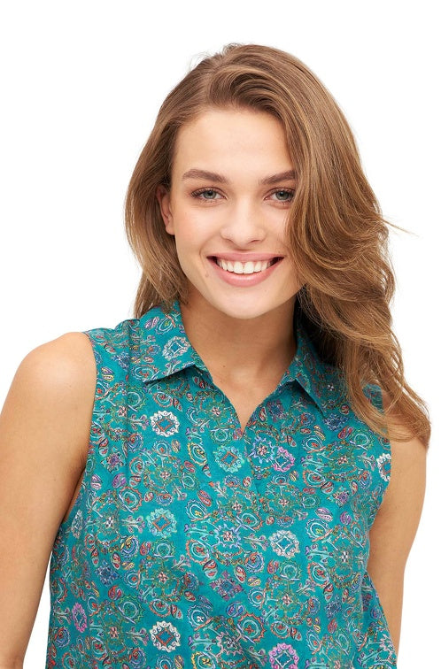 Ärmellose Bluse FLORAL ETHNO aus Bio-Pima-Baumwolle
