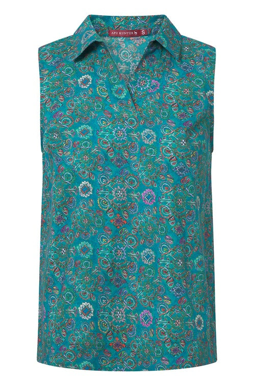 Ärmellose Bluse FLORAL ETHNO aus Bio-Pima-Baumwolle turquoise
