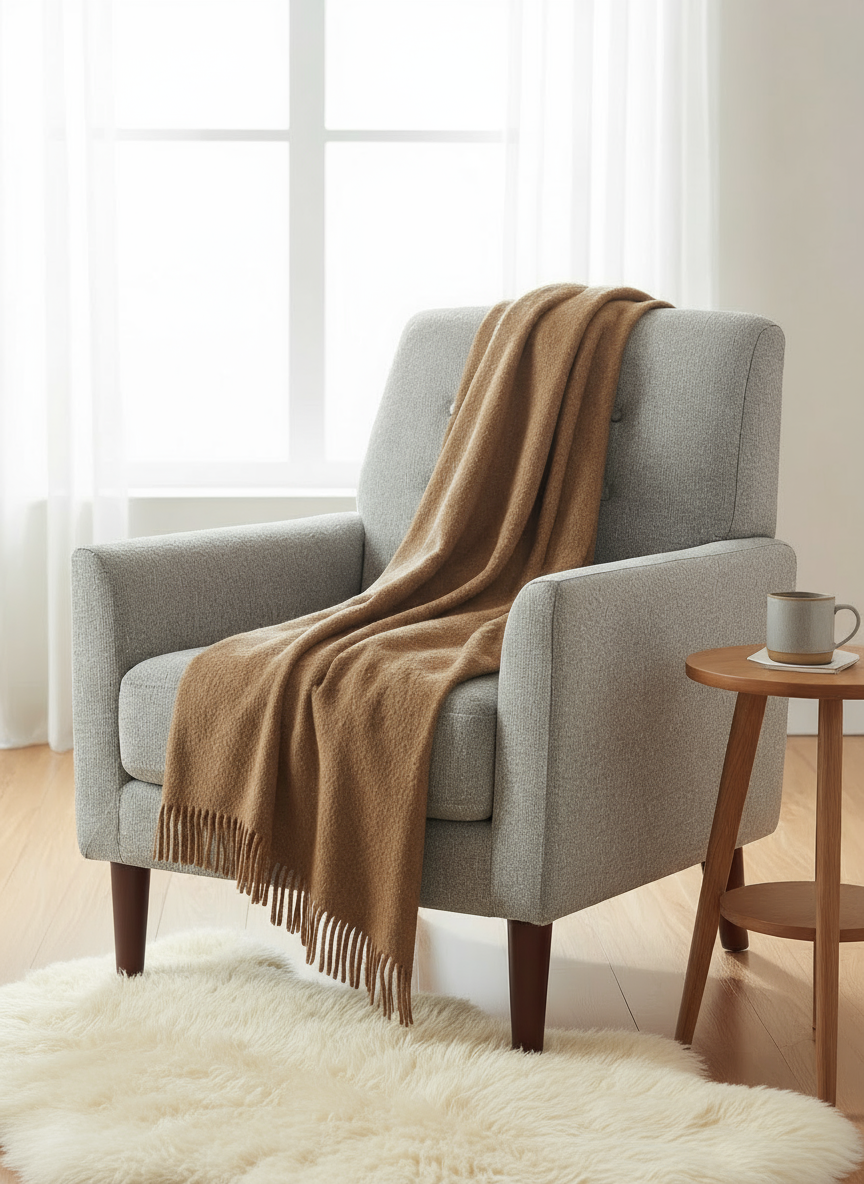 Coperta accogliente sostenibile KAMINFEUER con 40% alpaca e 45% lana vergine