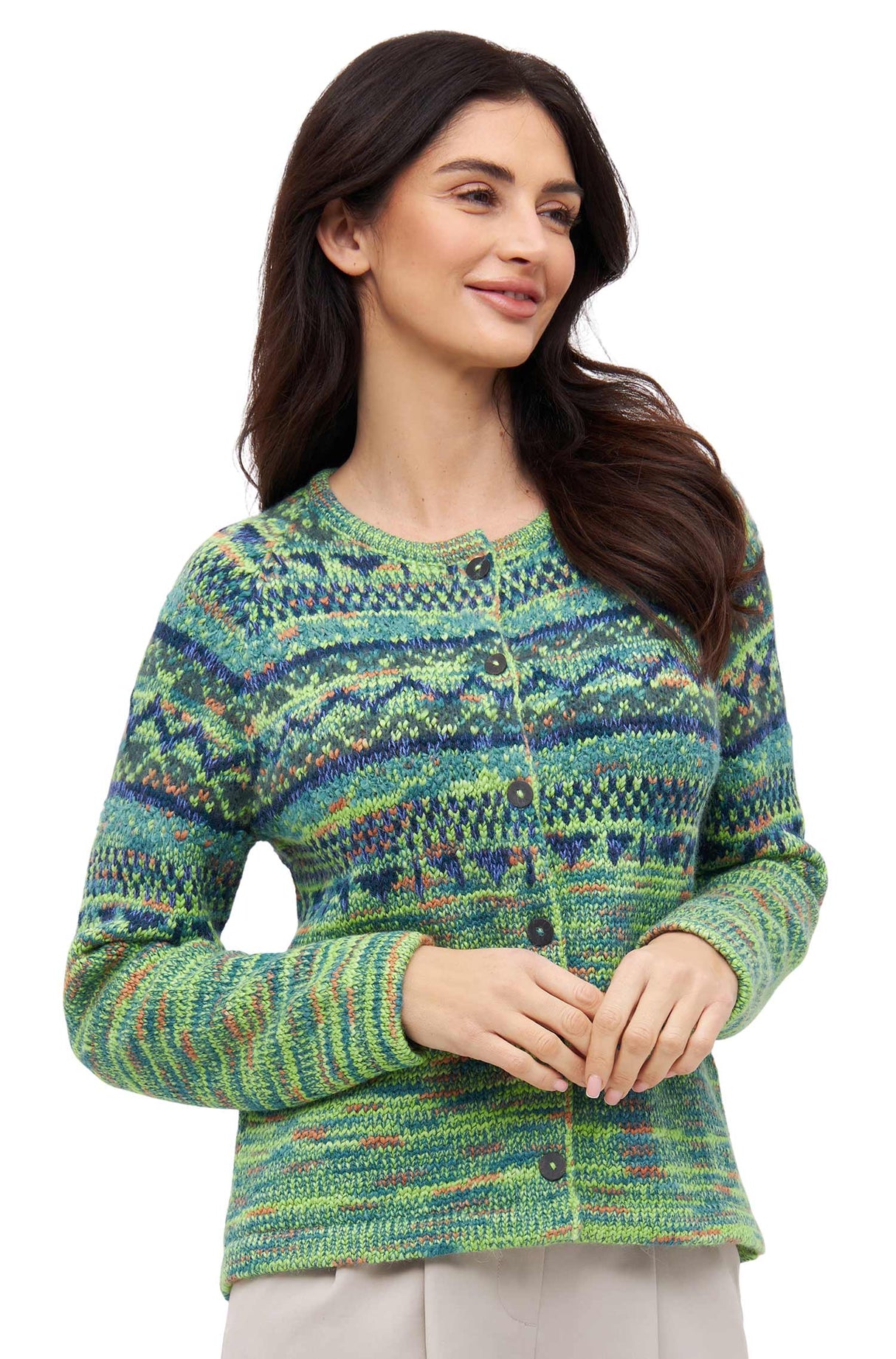 Strickjacke COLORES ANDEN mit 92% Alpaka - grün meliert von Apu Kuntur