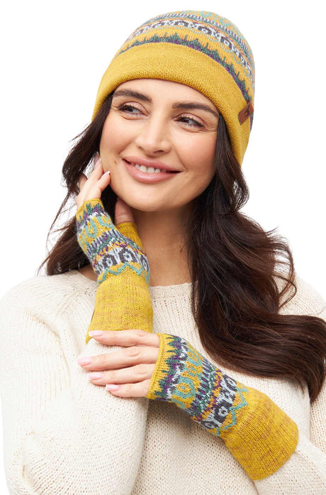 Pulswärmer COLORES ANDEN mit Daumenloch - 100% Alpaka gelb meliert one-size von Apu Kuntur
