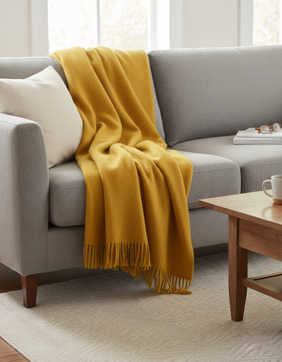 Coperta accogliente sostenibile KAMINFEUER con 40% alpaca e 45% lana vergine