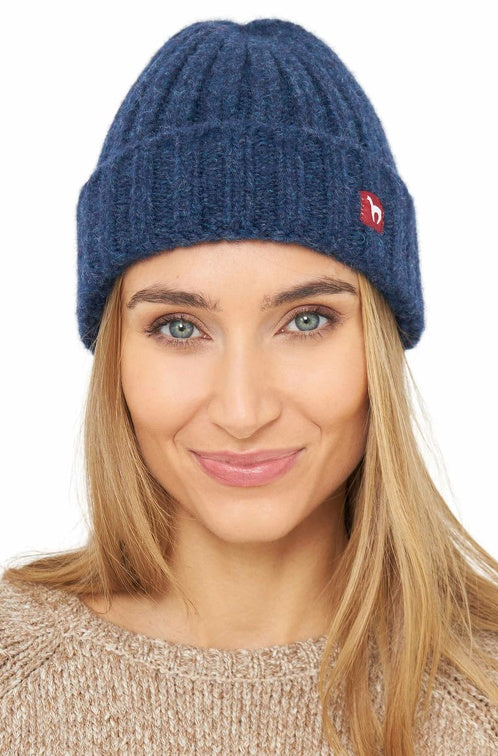 Mütze BIANCA mit 70% Alpaka und 23% Merino blau meliert one-size von Apu Kuntur