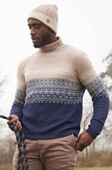Rollkragen Pullover CARLOS aus 100% Alpaka blau sand von Apu Kuntur