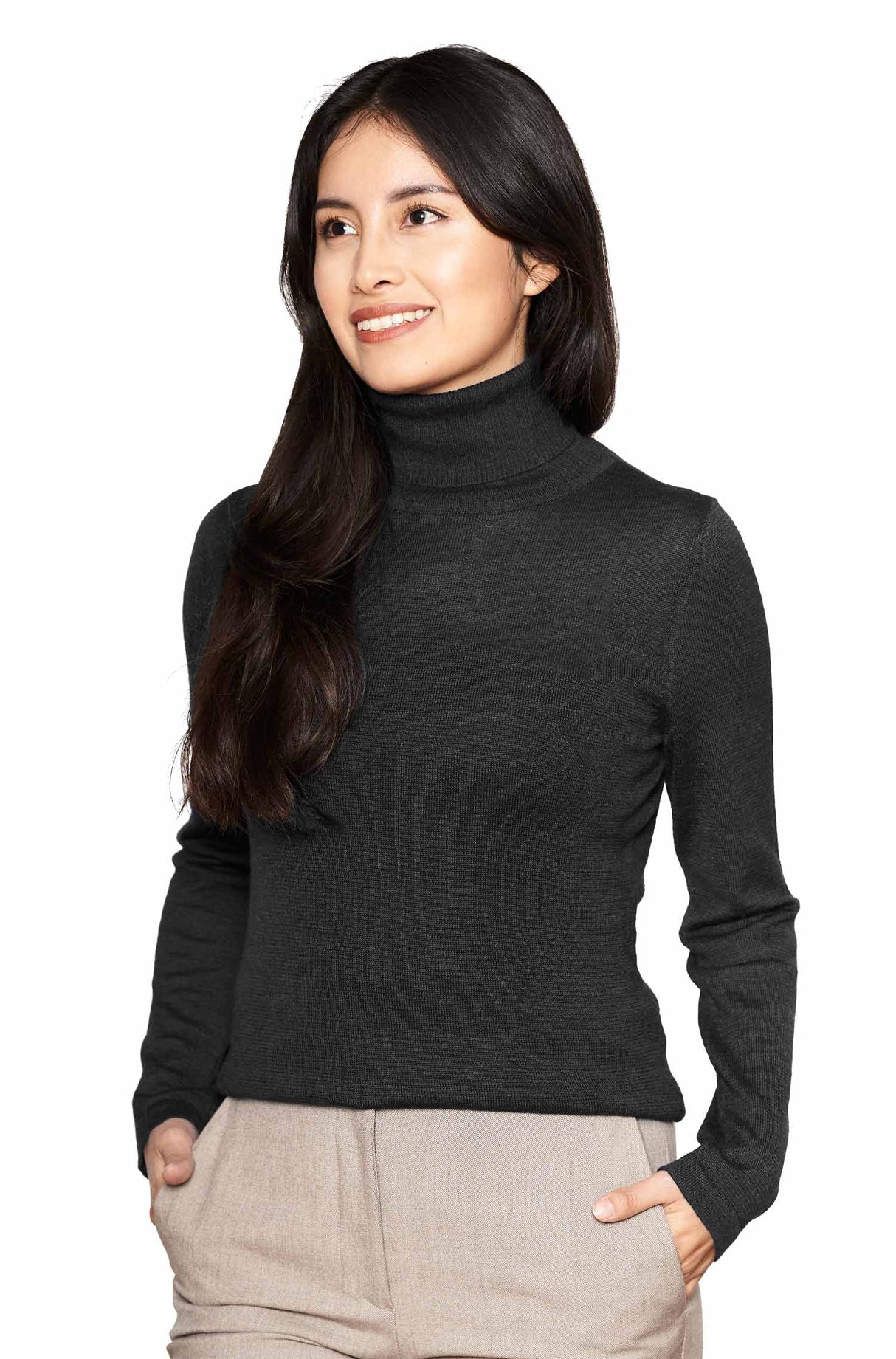 Damen Rollkragen Pullover MADAI aus 70% Alpaka und 30% Seide schwarz von Apu Kuntur