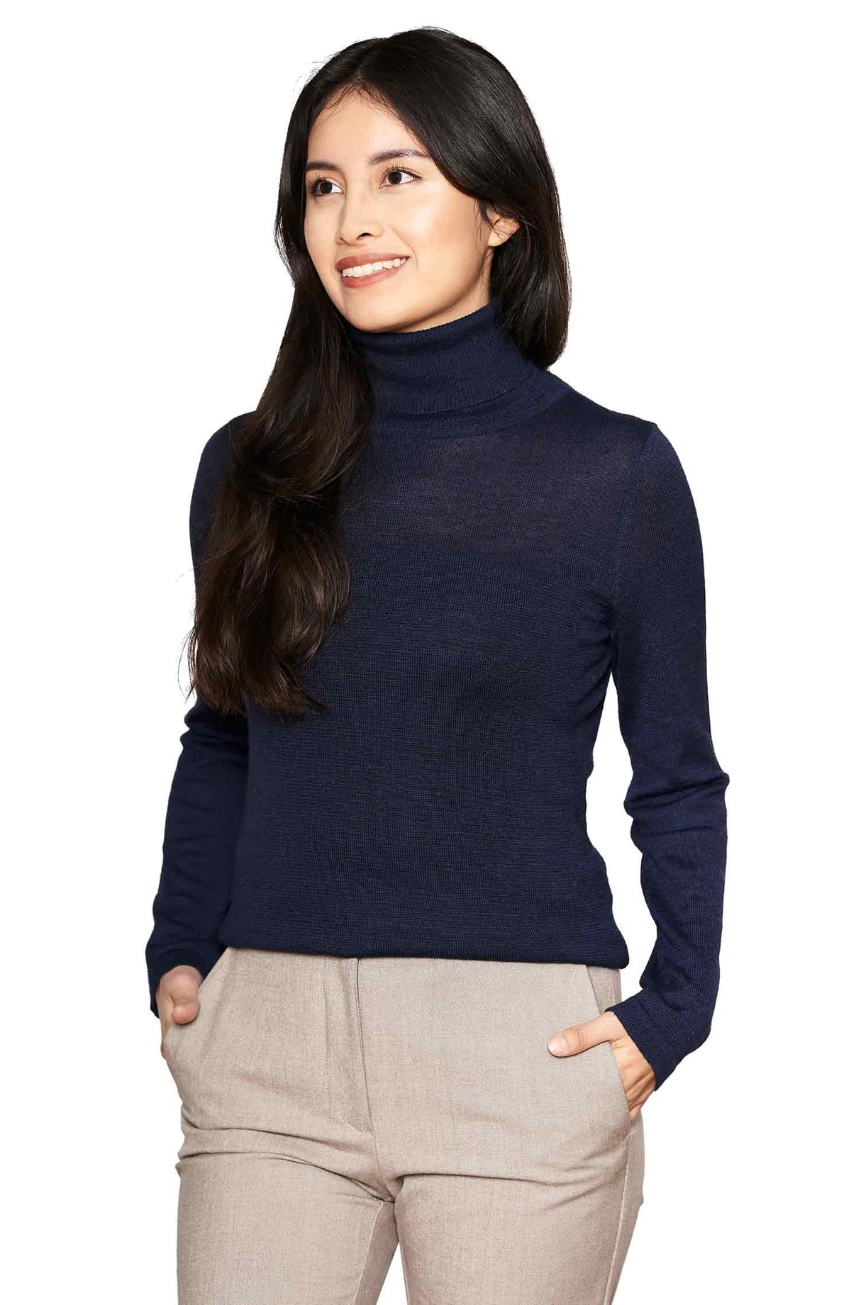 Damen Rollkragen Pullover MADAI aus 70% Alpaka und 30% Seide dunkelblau von Apu Kuntur