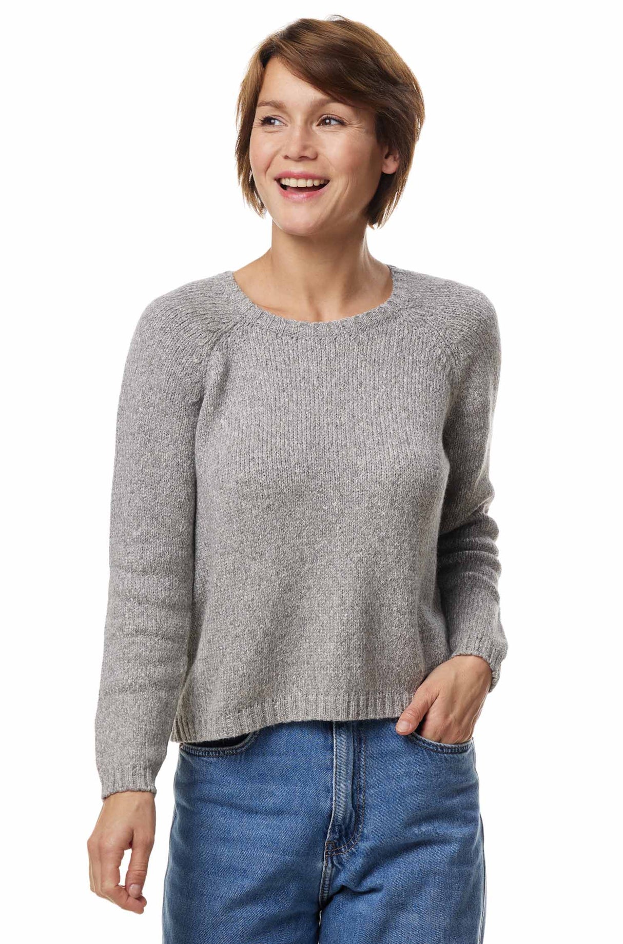 Rundhals Pullover ELLA aus 68% Alpaka ungefärbt und 32% Bio Baumwolle grau meliert von Apu Kuntur