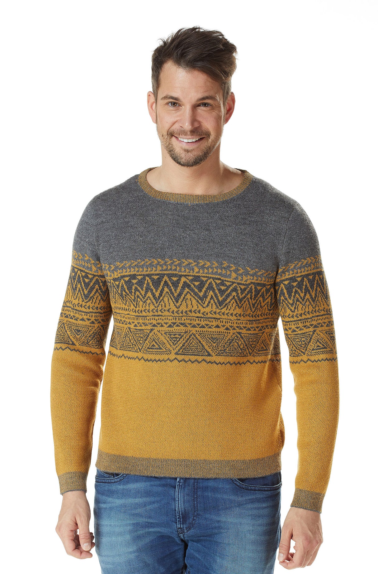 Herren Rundhals Pullover GIORGIO aus 100% Alpaka anthrazit gelb von Apu Kuntur